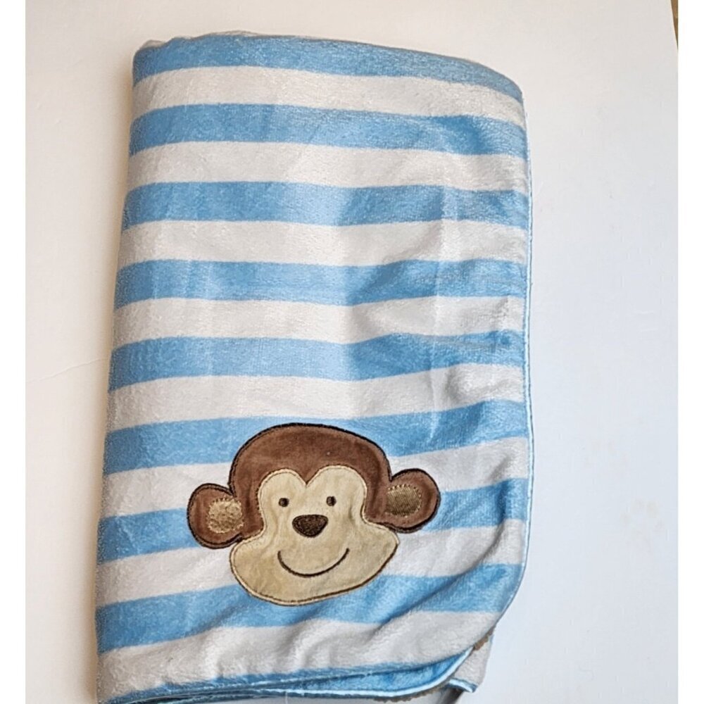 Just One You Carter's Monkey Baby Blanket Striped Blue Brown Soft Sherpa